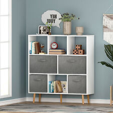 3 Tier Wood Bookshelf 4 Fabric Bins Storage Organizer Open Bookcase Freestanding