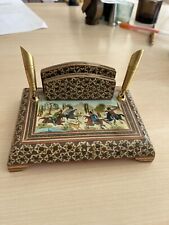 Vintage Persian Khatam Pen Desk Set Hand-painted Mosaic Inlay Card Holder Paper
