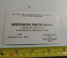 Vtg Worthington Tractor Salvage Albert Lea Tractor Parts Minnesota Business Card
