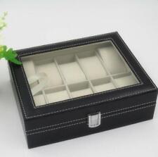 10 Slot Watch Box Leather Display Case Organizer Top Glass Jewelry Storage Black