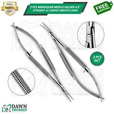 2 Pcs Barraquer Needle Holder 4.5 Straight Curved Smooth Jaws Opth Eye Set