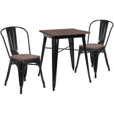 23.5 Square Black Metal Restaurant Table Set With Walnut Wood Top And 2 Chairs