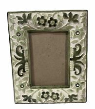 Vintage Art Deco Picture Frame Ivory Green Carved Clay Glazed Floral Ivy