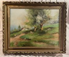 Antique Oil On Canvas Landscape Painting W Sheep Gilt Carved Wood Frame