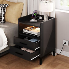 Modern Nightstand End Side Table 2 Drawer Bedside Table With Charging Station