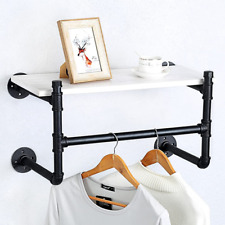 Industrial Pipe Clothing Rack Wall Mounted With Wood Shelf Floating Shelves