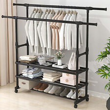 3-layer Heavy Duty Clothing Garment Rack Rolling Clothes Organizer Double Rails