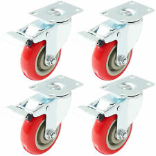 4 Pack 4 Caster Wheels Swivel Plate Total Lock Brake Red Polyurethane Pu