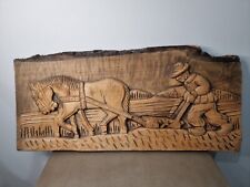 Wood Wall Plaque Horse Plowing Farming Man Farm Primitive 3d Vintage Hand Carved