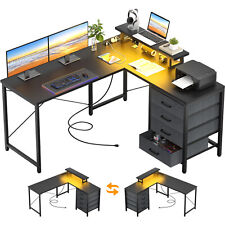 L Shaped Gaming Desk Wpower Outlets Led Lights Home Office Desk With 4 Drawer
