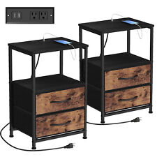 Black Nightstand Set Of 2 With Charging Station Fabric Drawers Bedroom End Table