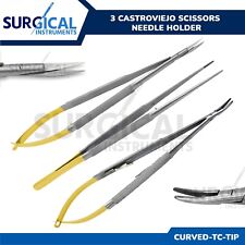 3 Castroviejo Micro Scissors Needle Holder Curved Tc Forceps Dental Eye Set Kit