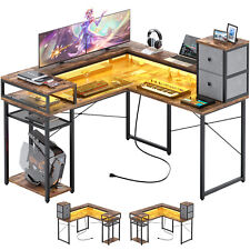 L Shaped Gaming Desk With Led Lights Power Outlets Home Office Desk W2 Drawers