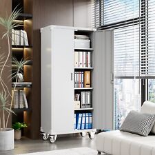 Tall Metal Mobile Garage Storage Cabinet W Wheels For Office Home Garage White
