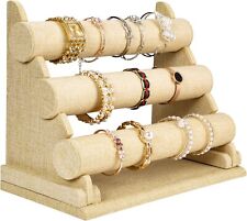 3-tier Linen Jewelry Display Stand Bracelet Holder Watch Bangle Necklace Storage