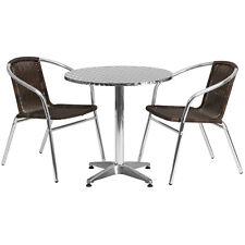 27.5 Round Aluminum Indoor-outdoor Restaurant Table With 2 Brown Rattan Chairs