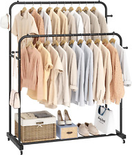 Double Rods Garment Rack With Wheels Clothing Rack For Hanging Clothes4 Hooks