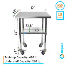 30 X 12 Stainless Steel Table With Wheels Nsf Prep Metal Work Table Casters