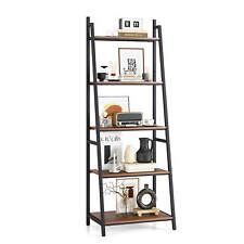 Industrial Ladder Shelf Rustic 5 Tier Leaning Bookshelf Wood Metal Bookcase