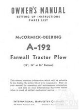 International Farmall Mccormick A-192 A192 Plow 12 14 16 Bottom Operators Manual