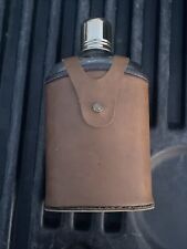 Vintage Glass Bottle Flask Brown Leather Case Saddle Leather