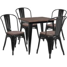 31.5 Square Black Metal Restaurant Table Set With Walnut Wood Top And 4 Chairs