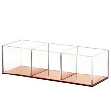 Clear Acrylic Desk Organizer With Metallic Rose Gold Base 3 Compartment Make...