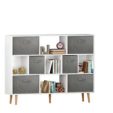 Wooden Open Shelf Bookcase 3-tier Floor Standing Display Cabinet Rack W 6 Bins
