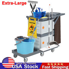 Commercial Janitorial Trolley Cleaning Cart With Vinyl Bag Cabinet Housekeeping