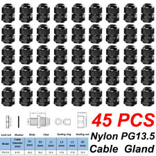45pc Pg13.5 Black Nylon Ip68 Waterproof Cable Gland Connector Cable Range 6-12mm
