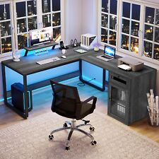 L Shaped Desk With Power Outlets Led Lights Reversible Computer Desk W Drawer