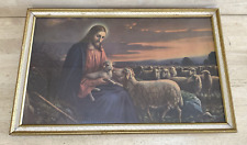 Hand Carved Wood Frame Litho Print Glass Antique Jesus The Good Shepherd 21