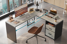 55 Industrial L-shaped Office Desk With Drawers Monitor Stand