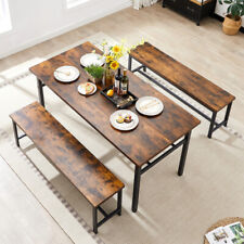 3 Piece Dining Table Set Oversized Table 2 Benches Home Restaurant Rustic Brown