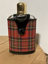 Vintage Glass Travel Flask With Leather Strap And Plaid Cover Real Hide England