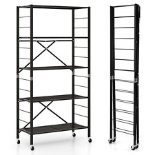 Foldable 5-tier Storage Shelves Adjustable Collapsible Organizer Rack W Wheels