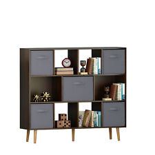 3 Tier 5 Fabric Bins Storage Modern Wood Open Bookcase Multifunctional Organizer