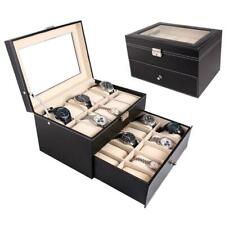 20 Slot Watch Box Leather Display Case Organizer Top Glass Jewelry Storage Black