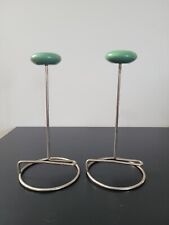 Set Of 2 Antique Wig Hat Stand Holders Store Display Metal With Green Wood Top