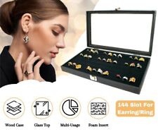 Novel Box Glass Top Black Jewelry Display Case With 144 Foam Ring Earring Insert