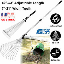 63in Adjustable Garden Leaf Rake 15 Teeth Expanding Stainless Steel Rake Folding