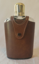 Vintage Glass Whiskey Flask With Leather Jacket And Gold Cap And Trim