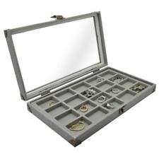 Grey Linen Glass Top Wooden Case Jewelry Box Display Case W 20 Slot Tray Insert