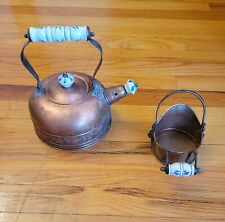 Vintage Copper Tea Pot Kettlelid Coal Skuttle Wdelft Blue Porcelain Handles