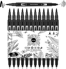 Black Drawing Pens 12 Pack Felt Tip Markers For Adults And Kids Dual Brush Fin