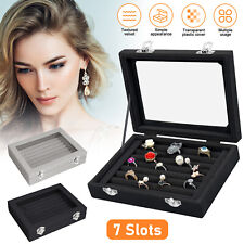7 Slots Jewelry Display Case Earring Ring Organizer Box Glass Top Storage Holder