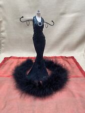Dress Form In Fancy Black Sparkly Dress And Faux Feather Boa Wrap Jewelry Holder