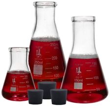 Glass Erlenmeyer Flask Set With Rubber Stoppers - 3 Sizes - 50 150 And 250ml