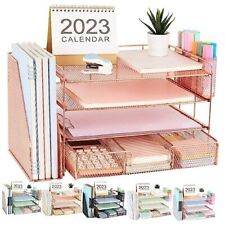 Paper Letter Tray Organizer With File Holder 4-tier Desk Rose Gold