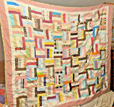 Vintage Mid-century Log Cabin Patchwork Knotted Quilt 88 X 84